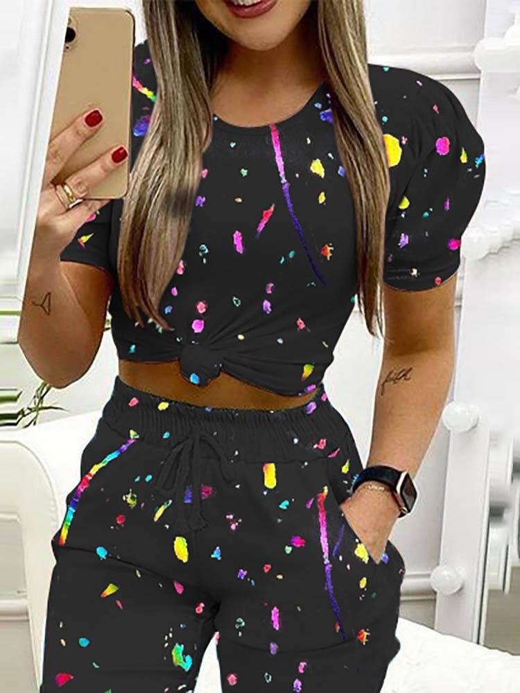 Colorblock Puff Sleeve Crop Top & Pocket Design Drawstring Pants Set - Two-piece Outfits - INS | Online Fashion Free Shipping Clothing, Dresses, Tops, Shoes - 04/05/2021 - Color_Black - SET210504052