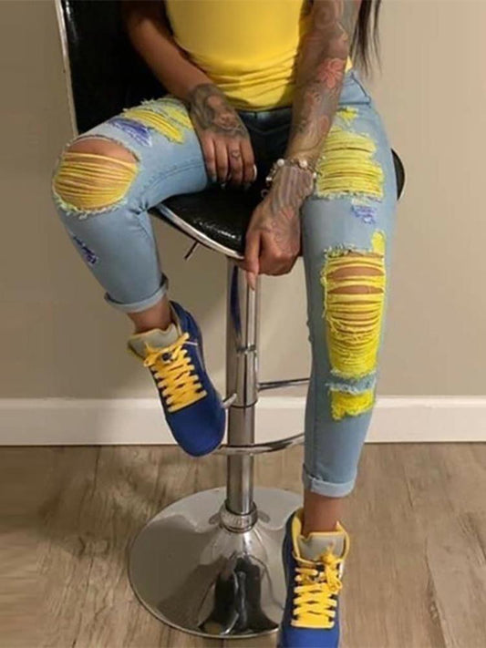 Colorblock Ripped Cutout Casual Jeans - Jeans - INS | Online Fashion Free Shipping Clothing, Dresses, Tops, Shoes - 04/05/2021 - Category_Jeans - Color_Yellow