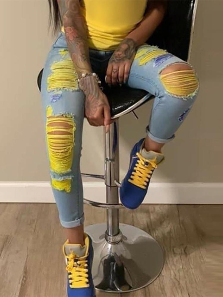 Colorblock Ripped Cutout Casual Jeans - Jeans - INS | Online Fashion Free Shipping Clothing, Dresses, Tops, Shoes - 04/05/2021 - Category_Jeans - Color_Yellow