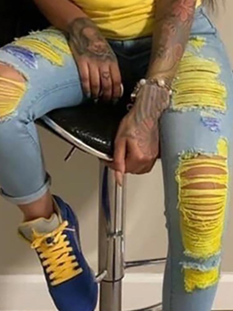 Colorblock Ripped Cutout Casual Jeans - Jeans - INS | Online Fashion Free Shipping Clothing, Dresses, Tops, Shoes - 04/05/2021 - Category_Jeans - Color_Yellow