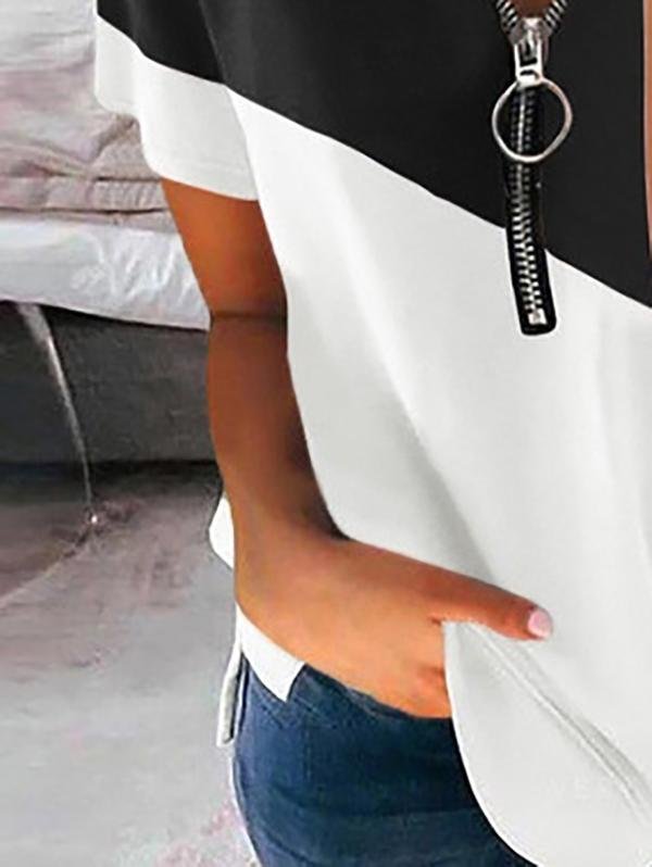 Colorblock Round Neck Zipper Short Sleeve T-shirt - T-Shirts - INS | Online Fashion Free Shipping Clothing, Dresses, Tops, Shoes - 05/18/2021 - Category_T-Shirts - Color_Black
