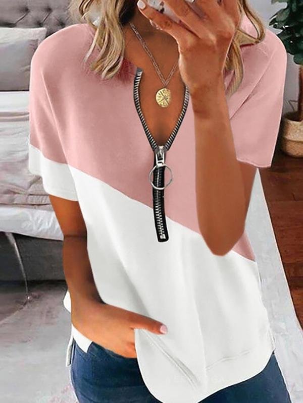 Colorblock Round Neck Zipper Short Sleeve T-shirt - T-Shirts - INS | Online Fashion Free Shipping Clothing, Dresses, Tops, Shoes - 05/18/2021 - Category_T-Shirts - Color_Black