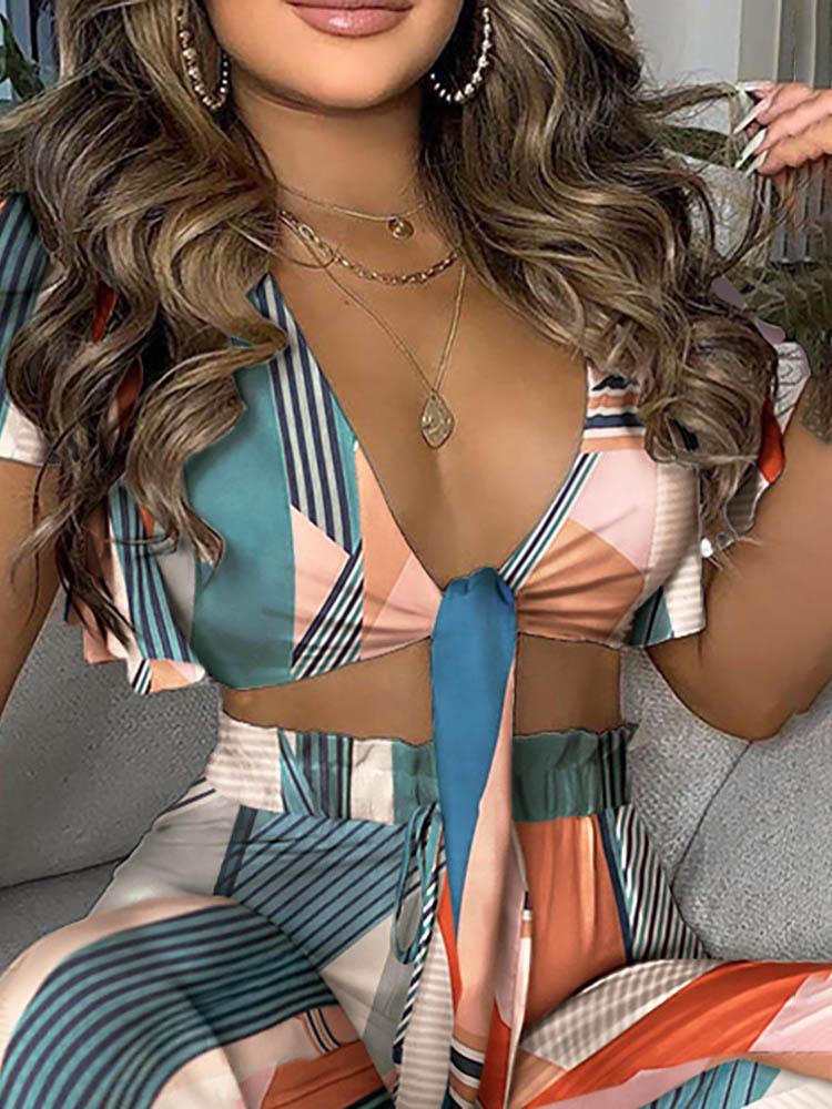 Colorblock Ruffles Sleeve Knotted Top & High Waist Pants Set - Two-piece Outfits - INS | Online Fashion Free Shipping Clothing, Dresses, Tops, Shoes - 05/05/2021 - Color_Multicolor - SET210505021