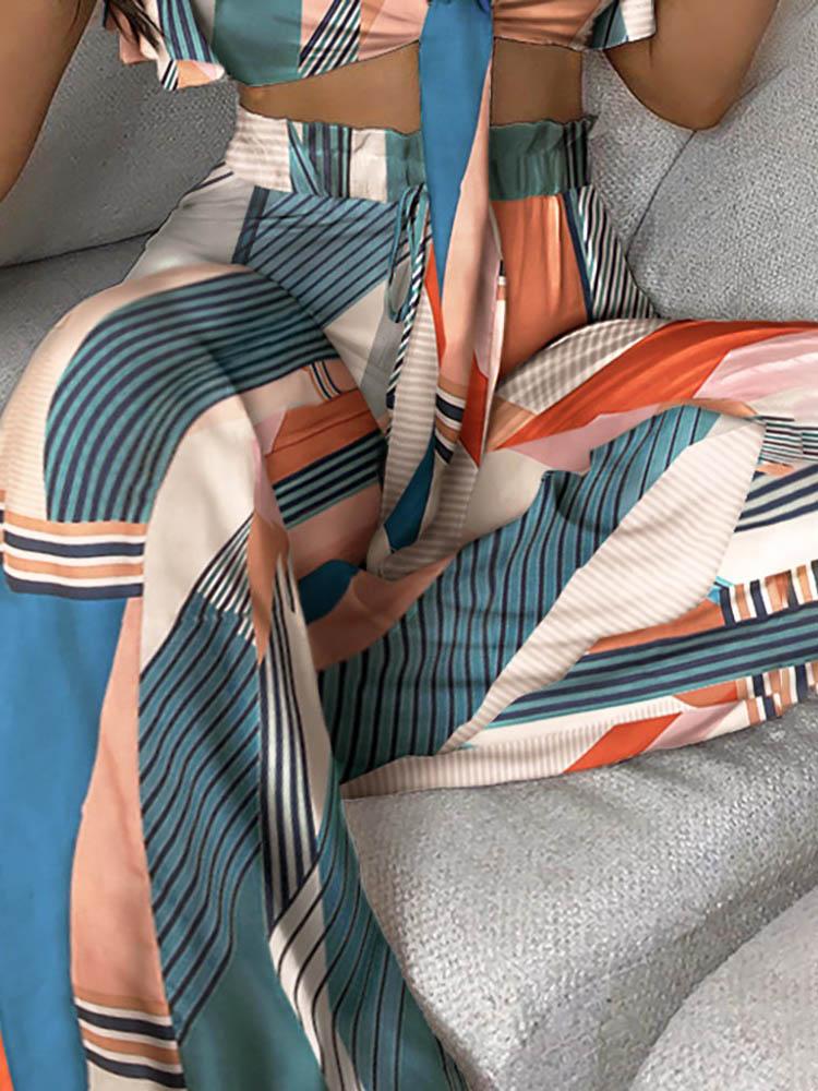 Colorblock Ruffles Sleeve Knotted Top & High Waist Pants Set - Two-piece Outfits - INS | Online Fashion Free Shipping Clothing, Dresses, Tops, Shoes - 05/05/2021 - Color_Multicolor - SET210505021