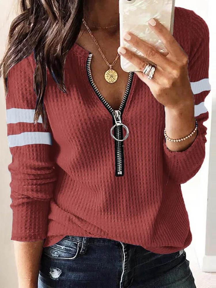 Colorblock Zipper Front Long Sleeve Top - Blouses - INS | Online Fashion Free Shipping Clothing, Dresses, Tops, Shoes - 30/04/2021 - BLO210430021 - Blouses