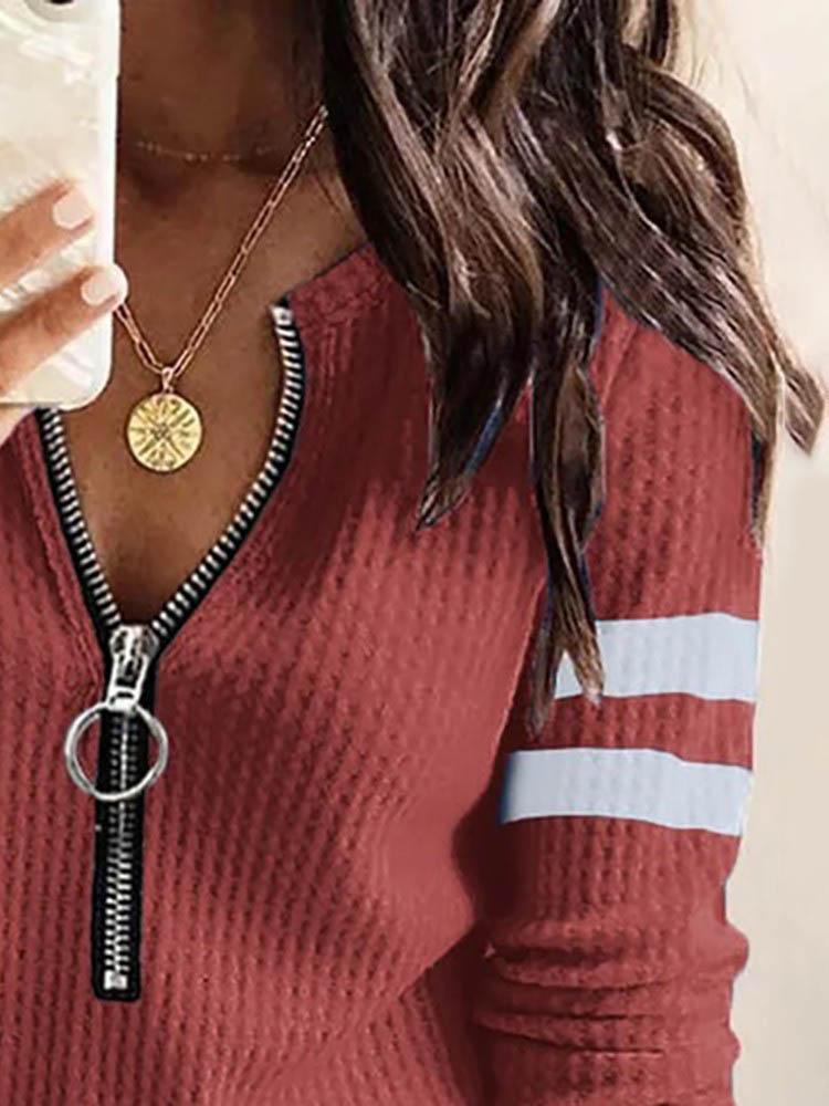 Colorblock Zipper Front Long Sleeve Top - Blouses - INS | Online Fashion Free Shipping Clothing, Dresses, Tops, Shoes - 30/04/2021 - BLO210430021 - Blouses