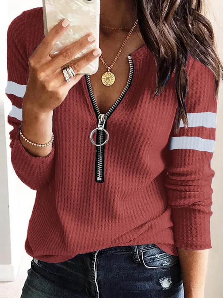 Colorblock Zipper Front Long Sleeve Top - Blouses - INS | Online Fashion Free Shipping Clothing, Dresses, Tops, Shoes - 30/04/2021 - BLO210430021 - Blouses