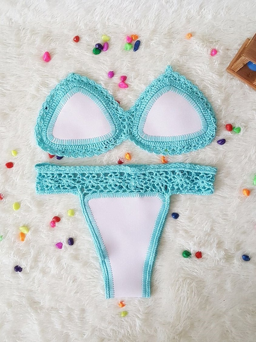 Colorful Crochet Trim Neoprene Triangle Brazilian Bikini Swimsuit - Two Piece Set - Bikinis - INS | Online Fashion Free Shipping Clothing, Dresses, Tops, Shoes - 18/03/2021 - Beach - Bikini
