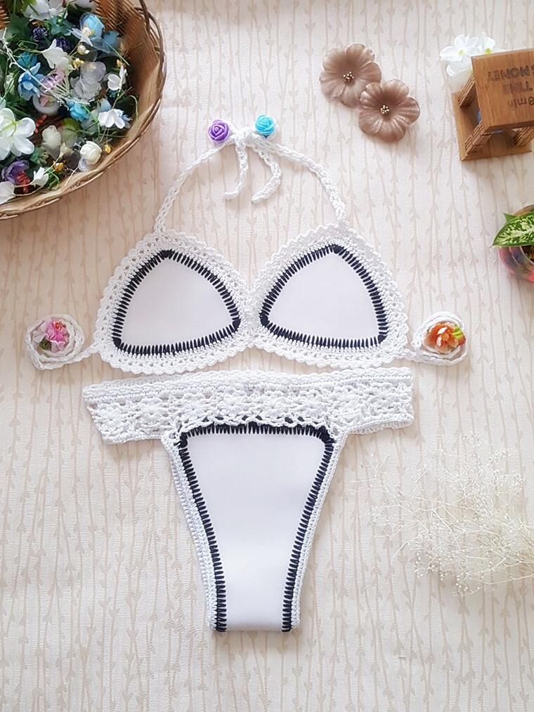 Colorful Crochet Trim Neoprene Triangle Brazilian Bikini Swimsuit - Two Piece Set - Bikinis - INS | Online Fashion Free Shipping Clothing, Dresses, Tops, Shoes - 18/03/2021 - Beach - Bikini