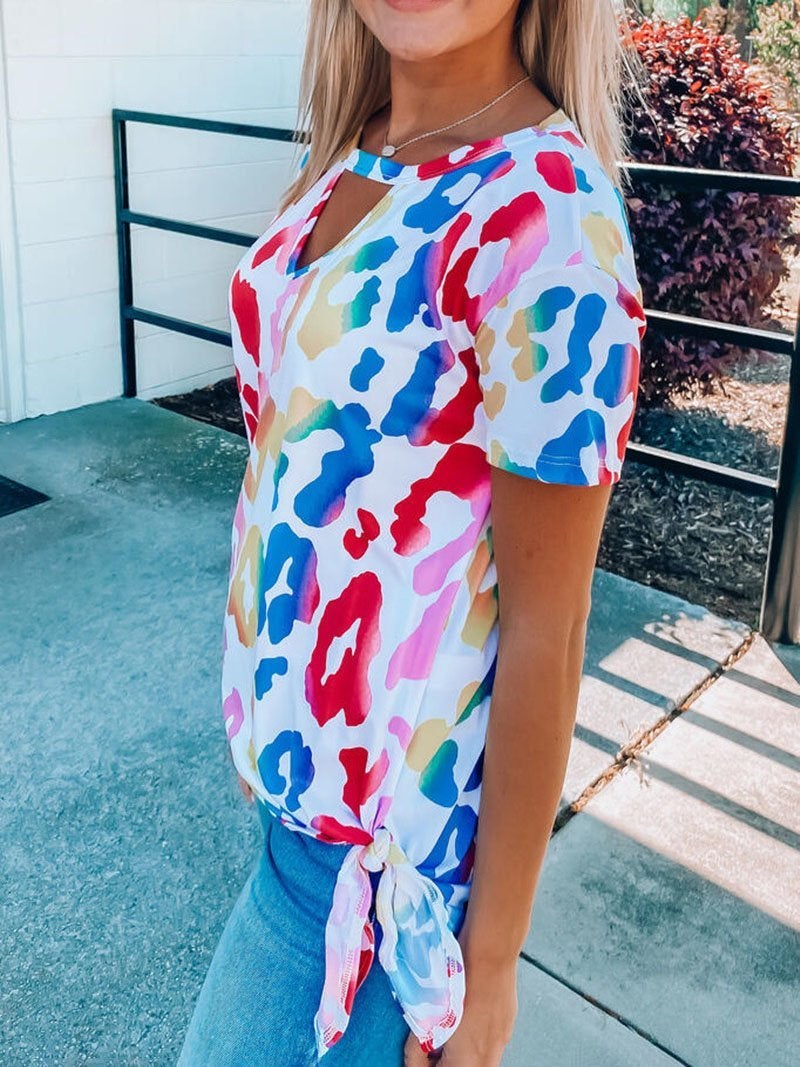 Colorful Leopard Print Cut-outed V Neck T-shirt - T-shirts - INS | Online Fashion Free Shipping Clothing, Dresses, Tops, Shoes - 10-20 - 29/06/2021 - color-multi
