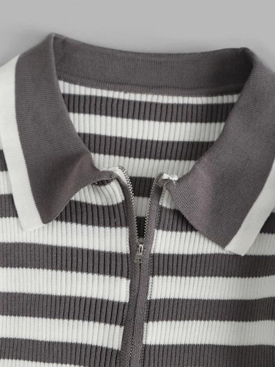 Contrast Stripes Ribbed Zip Up Cardigan - INS | Online Fashion Free Shipping Clothing, Dresses, Tops, Shoes
