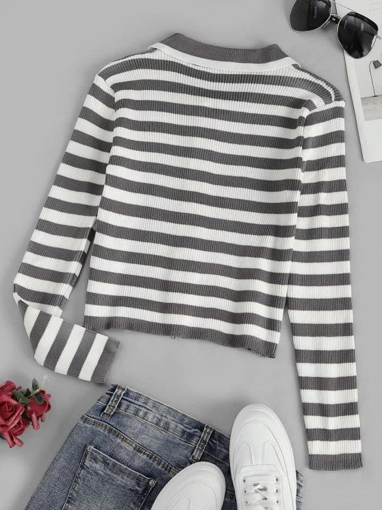 Contrast Stripes Ribbed Zip Up Cardigan - INS | Online Fashion Free Shipping Clothing, Dresses, Tops, Shoes
