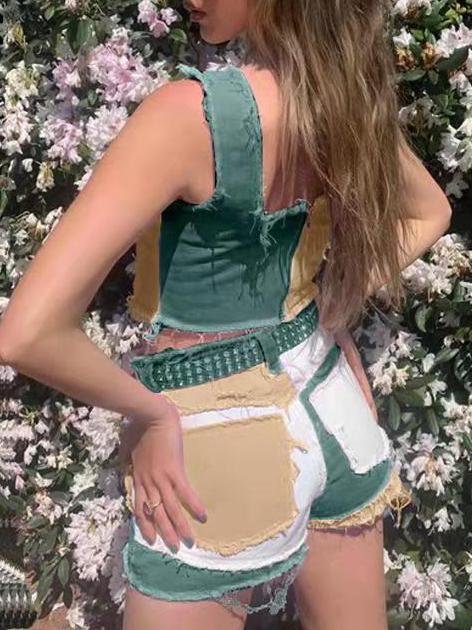 Contrasting Slim High-waisted Denim Shorts - Shorts - INS | Online Fashion Free Shipping Clothing, Dresses, Tops, Shoes - 19/07/2021 - 20-30 - Bottoms