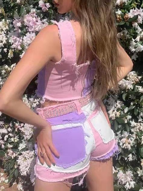 Contrasting Slim High-waisted Denim Shorts - Shorts - INS | Online Fashion Free Shipping Clothing, Dresses, Tops, Shoes - 19/07/2021 - 20-30 - Bottoms