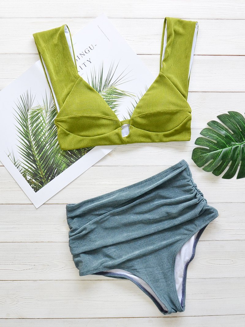Coral Fleece Bikini Split High Waist Knitted Swimsuit - Swimsuits - INS | Online Fashion Free Shipping Clothing, Dresses, Tops, Shoes - 06/04/2021 - L - Light Green Fight Gray