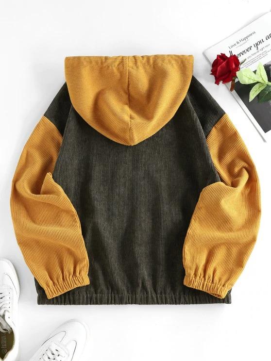 Corduroy Colorblock Drop Shoulder Pocket Hoodie - INS | Online Fashion Free Shipping Clothing, Dresses, Tops, Shoes