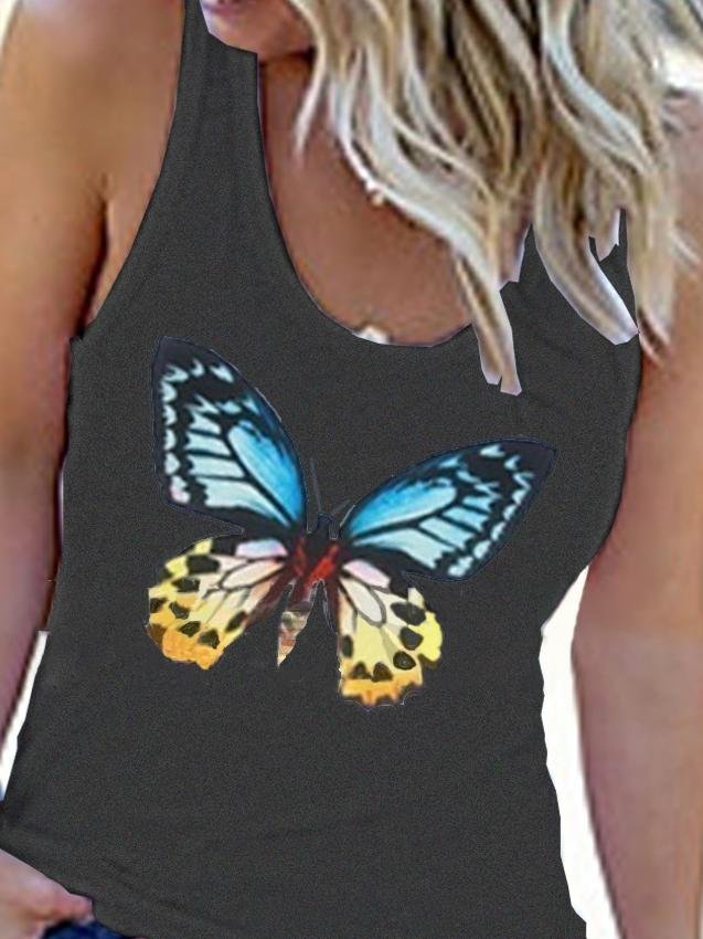 Crew Neck Butterfly Print Vest - Tank Tops - INS | Online Fashion Free Shipping Clothing, Dresses, Tops, Shoes - 10-20 - 18/06/2021 - color-black