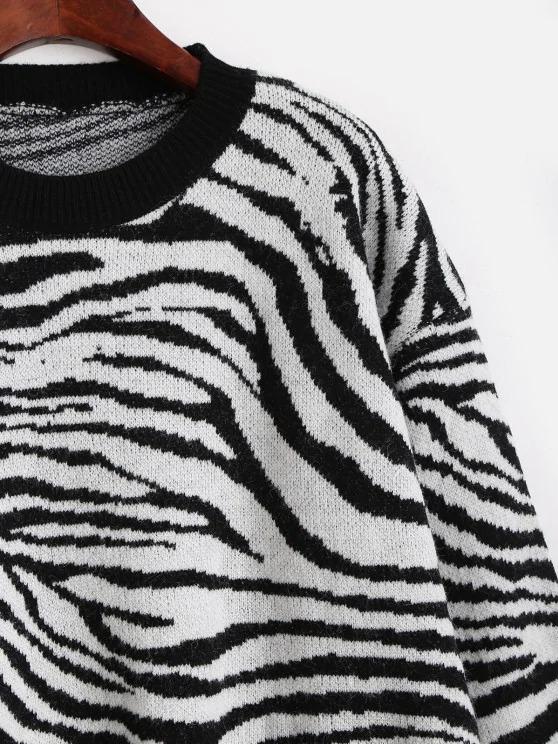 Crew Neck Drop Shoulder Zebra Sweater - INS | Online Fashion Free Shipping Clothing, Dresses, Tops, Shoes