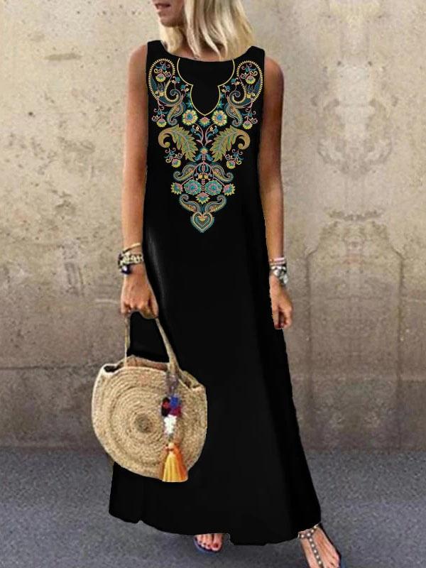 Crew Neck Floral Print Casual Long Dress - Maxi Dresses - INS | Online Fashion Free Shipping Clothing, Dresses, Tops, Shoes - 20-30 - 21/07/2021 - color-black