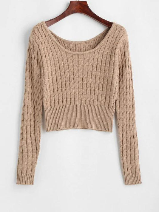 Crew Neck Ribbed Trim Cable Knit Sweater - INS | Online Fashion Free Shipping Clothing, Dresses, Tops, Shoes