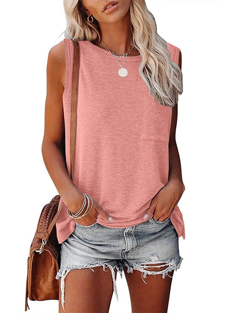 Crew Neck Sleeveless T-Shirt With Side Slits - T-Shirts - INS | Online Fashion Free Shipping Clothing, Dresses, Tops, Shoes - 14/05/2021 - 140521 - Category_T-Shirts
