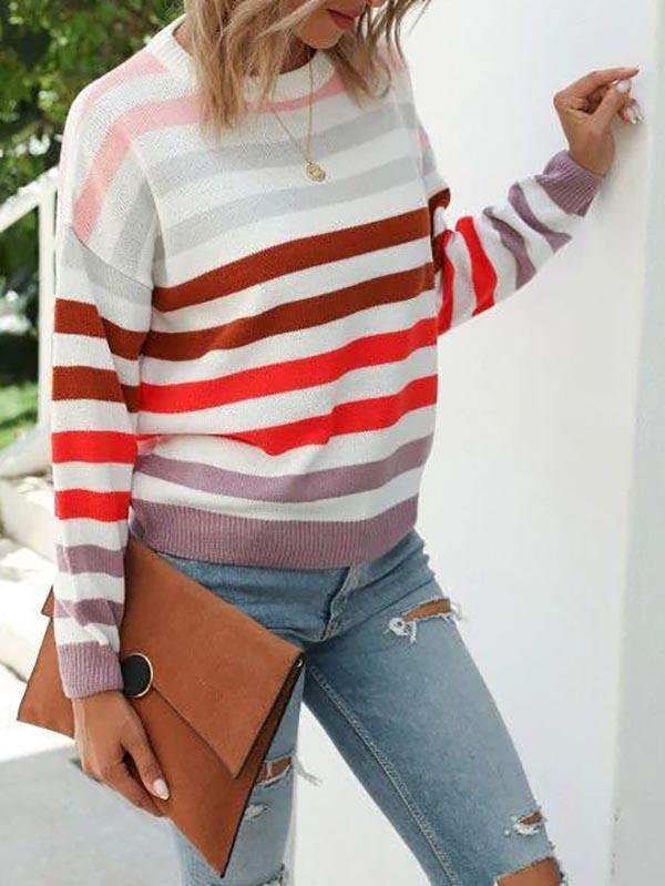 Crew Neck Striped Sweater - Sweaters - INS | Online Fashion Free Shipping Clothing, Dresses, Tops, Shoes - 02/08/2021 - Autumn - Casual
