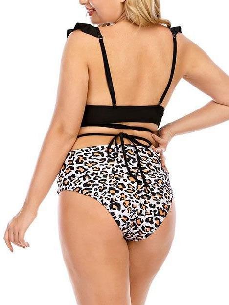 Criss-cross Leopard Print Lace Ruffled Two-piece Swimsuit - Plus Swimsuits - INS | Online Fashion Free Shipping Clothing, Dresses, Tops, Shoes - 22/04/2021 - 2204V3 - Color_Black