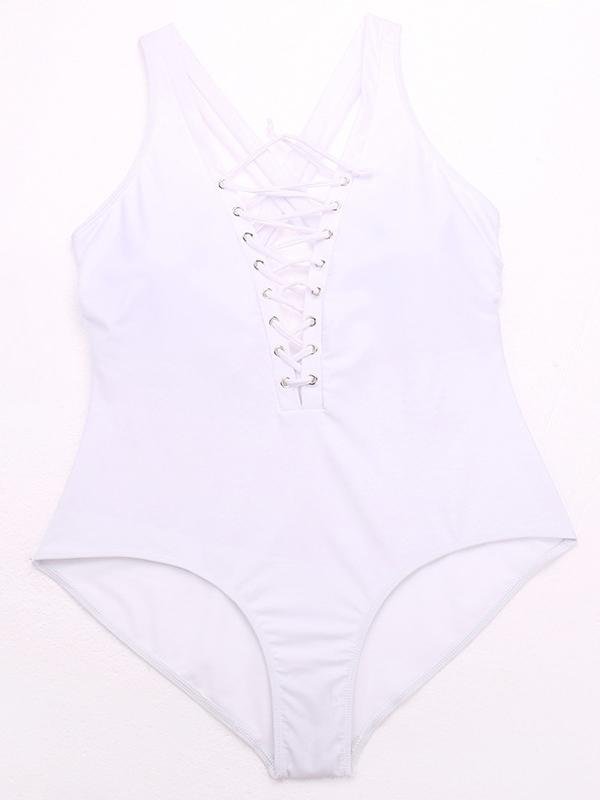 Criss-cross Strappy Padded Plus Size One-Piece Swimsuit - Plus Swimsuits - INS | Online Fashion Free Shipping Clothing, Dresses, Tops, Shoes - 21/04/2021 - Catagory_Plus Swimsuits - Color_White