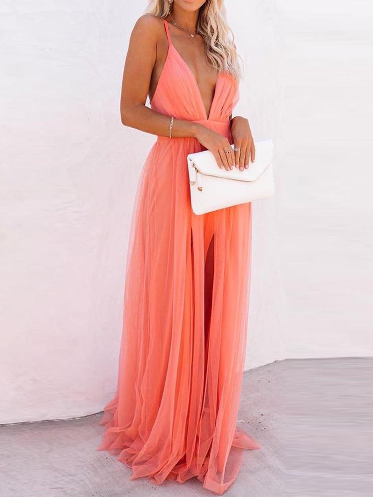 Crisscross Backless Mesh Patch Party Dress - Maxi Dresses - INS | Online Fashion Free Shipping Clothing, Dresses, Tops, Shoes - 28/04/2021 - Category_Maxi Dresses - Color_Orange
