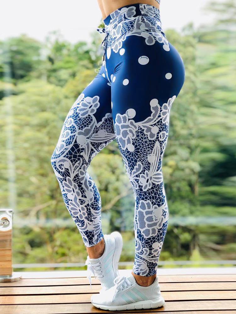 Crochet Lace Patch Polkadot Print Tummy Control Yoga Pants - Leggings - INS | Online Fashion Free Shipping Clothing, Dresses, Tops, Shoes - 04/05/2021 - Color_Blue - LEG210504040