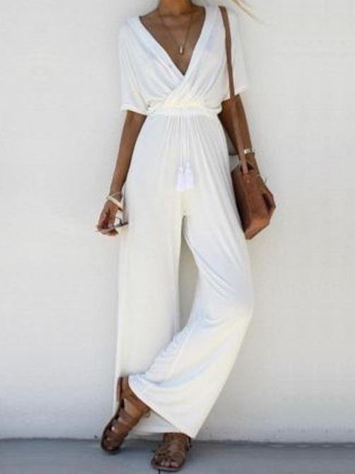 Cross Deep-v Belted Wide-leg Jumpsuit - Jumpsuit & Rompers - INS | Online Fashion Free Shipping Clothing, Dresses, Tops, Shoes - 10-20 - 16/06/2021 - Bottoms