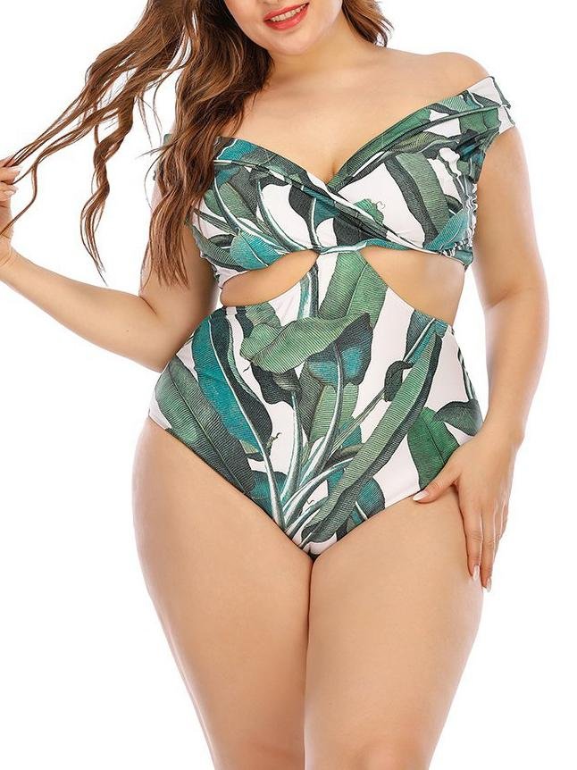 Cut Out One-piece Fresh Leaf Print Plus Size Swimsuit - Plus Swimsuits - INS | Online Fashion Free Shipping Clothing, Dresses, Tops, Shoes - 22/04/2021 - Color_Green - Plus Swimsuits