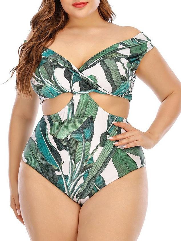 Cut Out One-piece Fresh Leaf Print Plus Size Swimsuit - Plus Swimsuits - INS | Online Fashion Free Shipping Clothing, Dresses, Tops, Shoes - 22/04/2021 - Color_Green - Plus Swimsuits