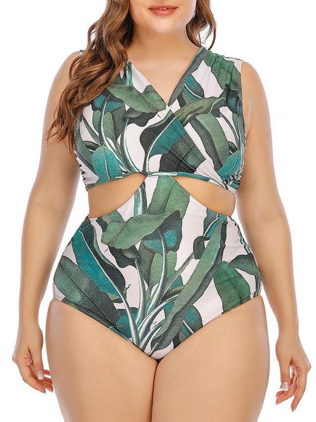 Cut Out One-piece Fresh Leaf Print Plus Size Swimsuit - Plus Swimsuits - INS | Online Fashion Free Shipping Clothing, Dresses, Tops, Shoes - 22/04/2021 - Color_Green - Plus Swimsuits