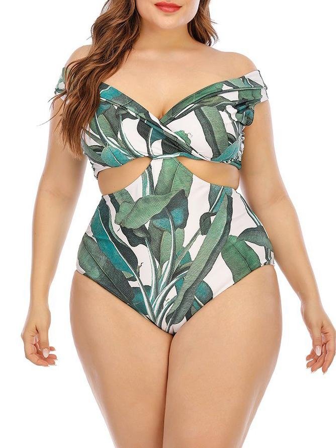 Cut Out One-piece Fresh Leaf Print Plus Size Swimsuit - Plus Swimsuits - INS | Online Fashion Free Shipping Clothing, Dresses, Tops, Shoes - 22/04/2021 - Color_Green - Plus Swimsuits