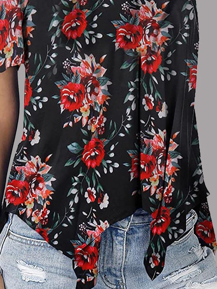 Cut-out Shoulder Cutout Sleeve Floral Print T-shirt - T-Shirts - INS | Online Fashion Free Shipping Clothing, Dresses, Tops, Shoes - 10/06/2021 - Category_T-Shirts - Color_Red