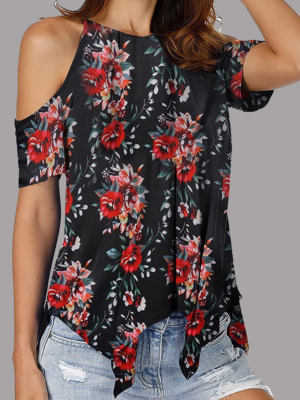 Cut-out Shoulder Cutout Sleeve Floral Print T-shirt - T-Shirts - INS | Online Fashion Free Shipping Clothing, Dresses, Tops, Shoes - 10/06/2021 - Category_T-Shirts - Color_Red