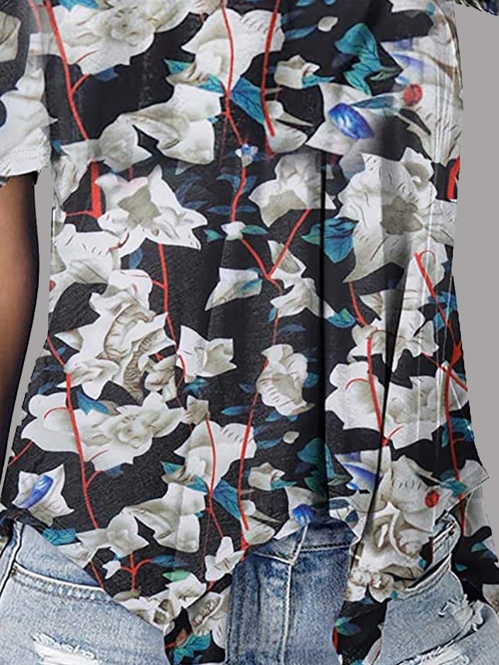 Cut-out Shoulder Cutout Sleeve Floral Print T-shirt - T-Shirts - INS | Online Fashion Free Shipping Clothing, Dresses, Tops, Shoes - 10/06/2021 - Category_T-Shirts - Color_Red