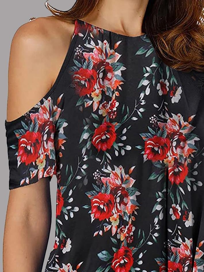 Cut-out Shoulder Cutout Sleeve Floral Print T-shirt - T-Shirts - INS | Online Fashion Free Shipping Clothing, Dresses, Tops, Shoes - 10/06/2021 - Category_T-Shirts - Color_Red