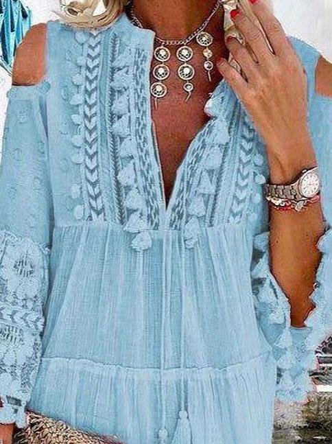 Cute Tassel Off Shoulder Deep V-neck Dress - Mini Dresses - INS | Online Fashion Free Shipping Clothing, Dresses, Tops, Shoes - 25/06/2021 - 40-50 - color-light-blue