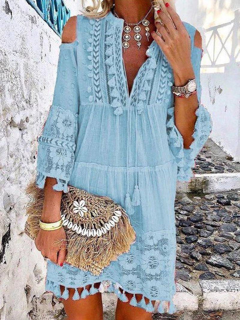 Cute Tassel Off Shoulder Deep V-neck Dress - Mini Dresses - INS | Online Fashion Free Shipping Clothing, Dresses, Tops, Shoes - 25/06/2021 - 40-50 - color-light-blue