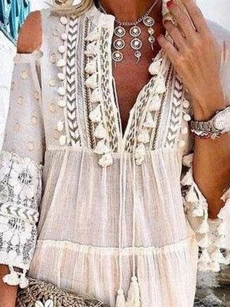 Cute Tassel Off Shoulder Deep V-neck Dress - Mini Dresses - INS | Online Fashion Free Shipping Clothing, Dresses, Tops, Shoes - 25/06/2021 - 40-50 - color-light-blue