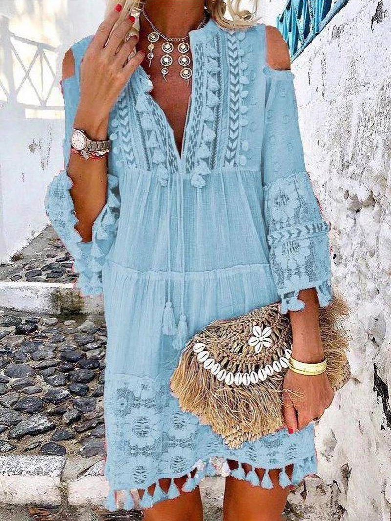Cute Tassel Off Shoulder Deep V-neck Dress - Mini Dresses - INS | Online Fashion Free Shipping Clothing, Dresses, Tops, Shoes - 25/06/2021 - 40-50 - color-light-blue