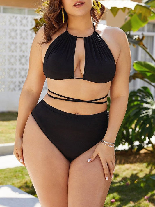 Cutout Bandeau Criss Cross Waist Two Piece Bikini - Plus Bikinis - INS | Online Fashion Free Shipping Clothing, Dresses, Tops, Shoes - 21/04/2021 - 2104V3 - Color_Black