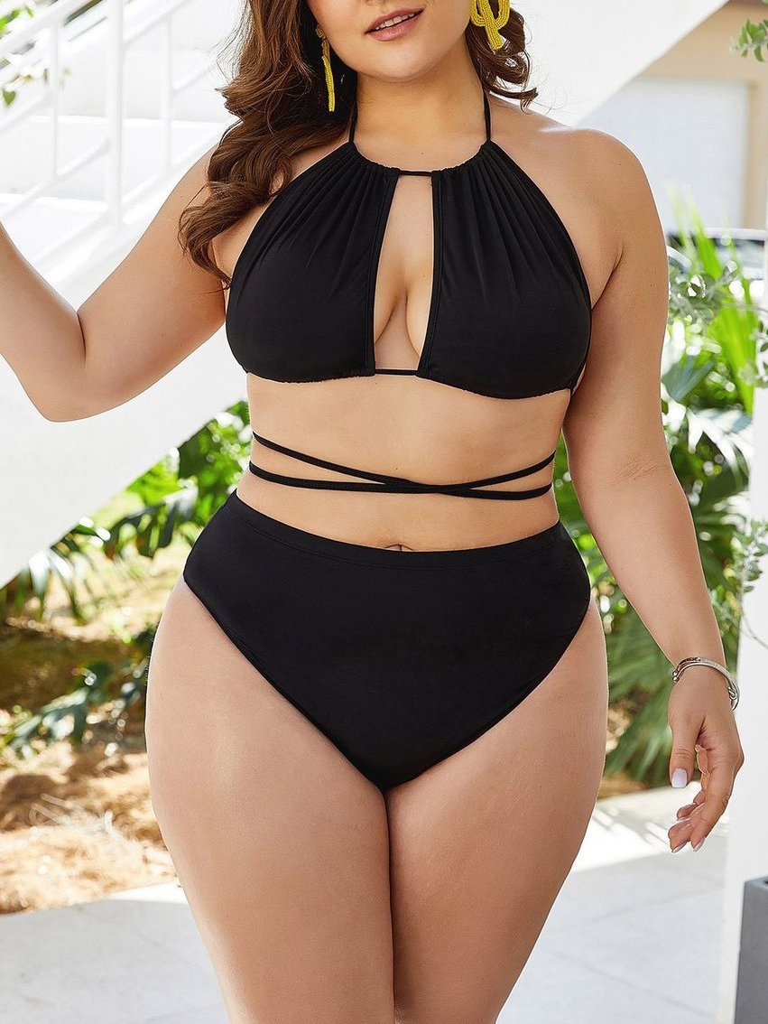 Cutout Bandeau Criss Cross Waist Two Piece Bikini - Plus Bikinis - INS | Online Fashion Free Shipping Clothing, Dresses, Tops, Shoes - 21/04/2021 - 2104V3 - Color_Black