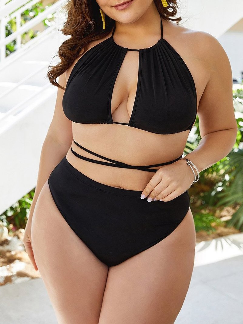 Cutout Bandeau Criss Cross Waist Two Piece Bikini - Plus Bikinis - INS | Online Fashion Free Shipping Clothing, Dresses, Tops, Shoes - 21/04/2021 - 2104V3 - Color_Black