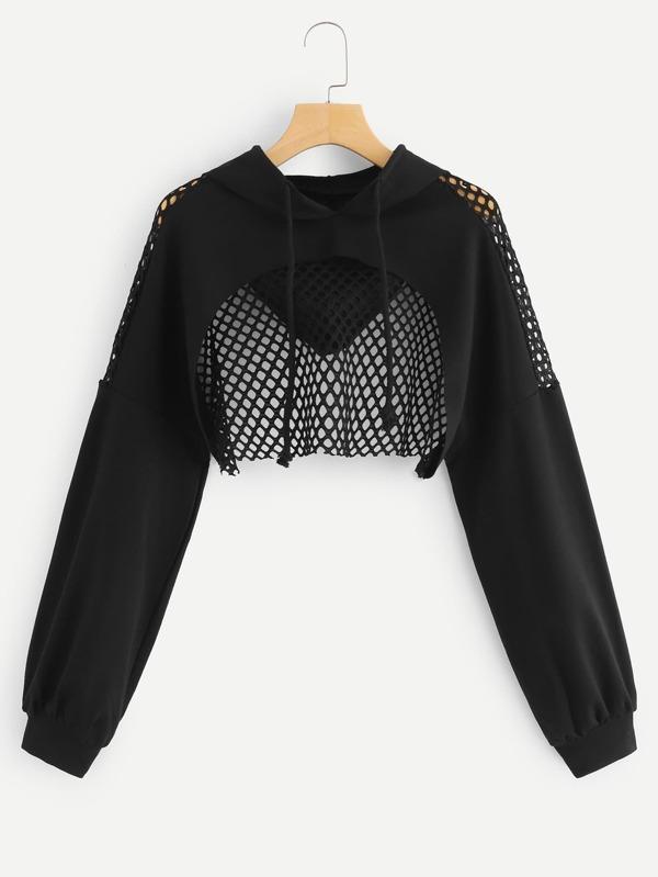 Cutout Mesh Insert Cropped Hoodie - INS | Online Fashion Free Shipping Clothing, Dresses, Tops, Shoes