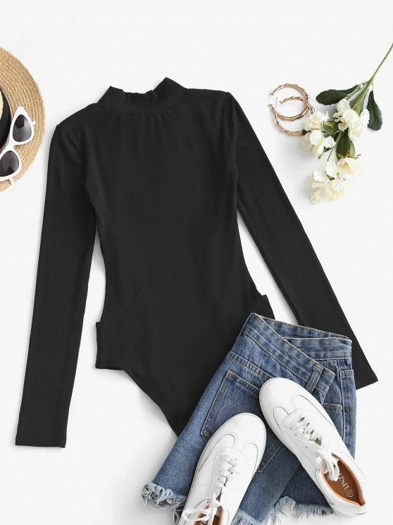 Cutout Mock Neck Ribbed Bodysuit - INS | Online Fashion Free Shipping Clothing, Dresses, Tops, Shoes