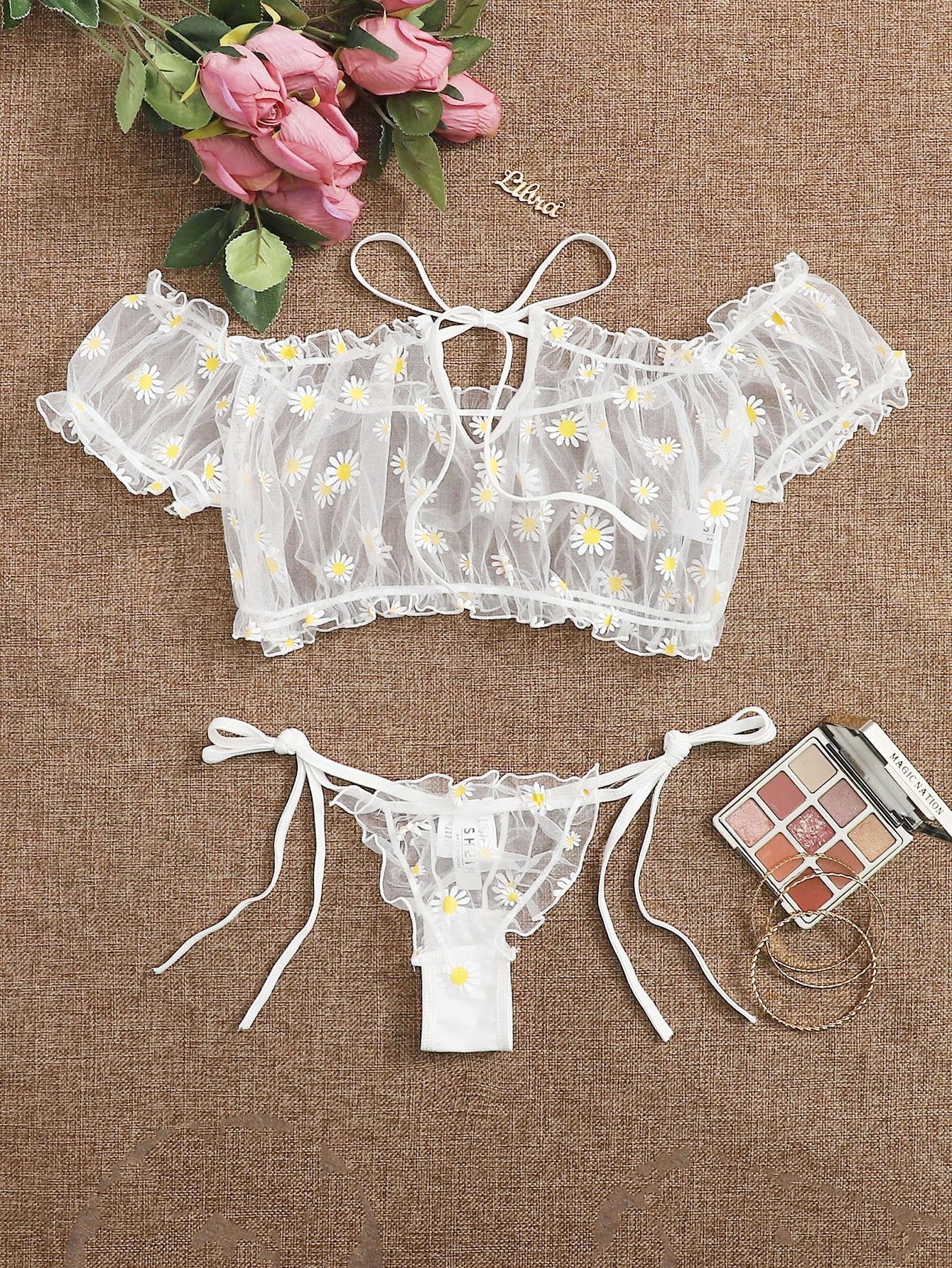 Daisy Floral Frill Trim Bardot Mesh Lingerie Set - INS | Online Fashion Free Shipping Clothing, Dresses, Tops, Shoes