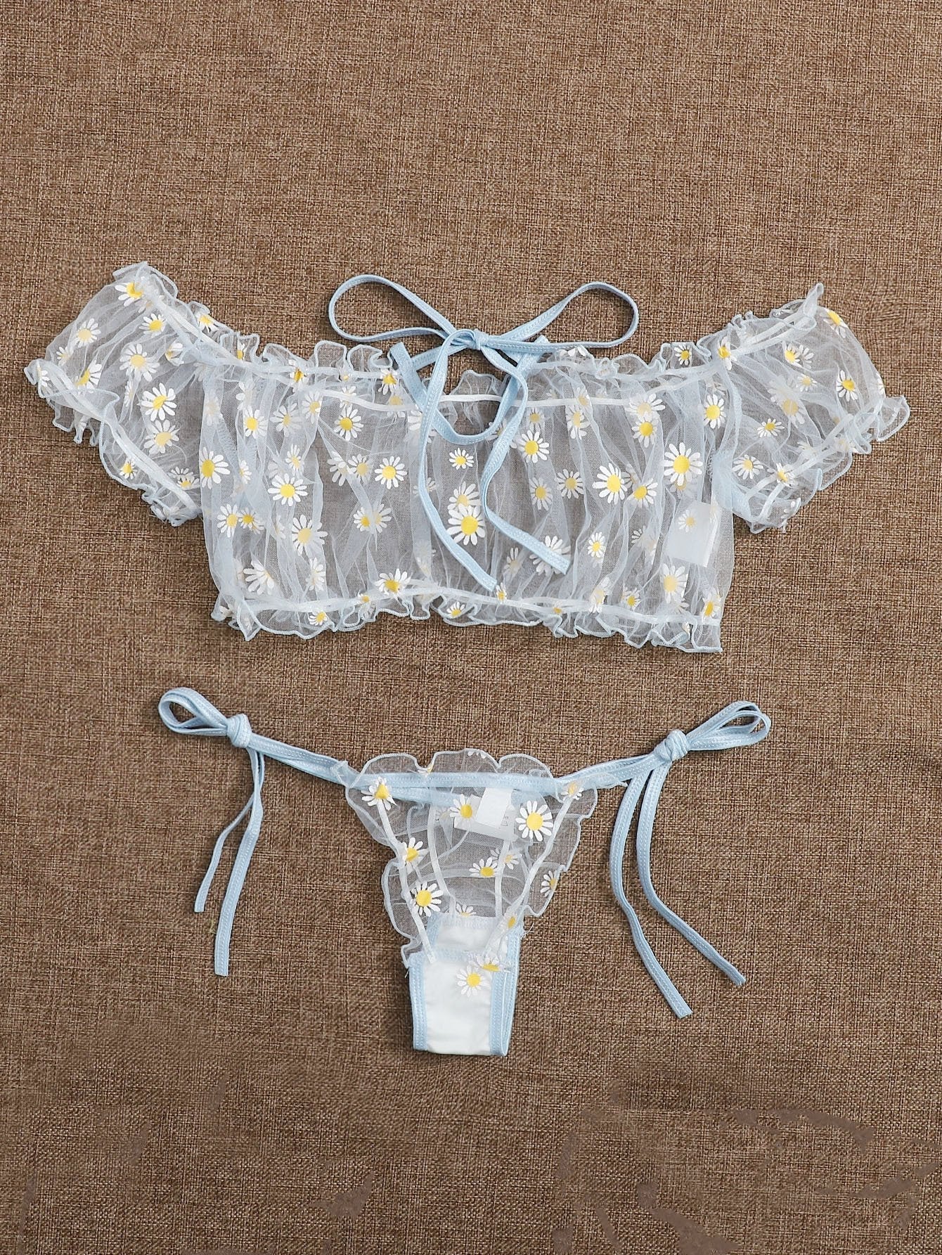 Daisy Floral Frill Trim Bardot Mesh Lingerie Set - INS | Online Fashion Free Shipping Clothing, Dresses, Tops, Shoes